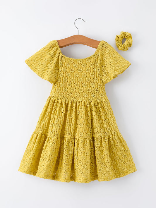 Spring Solid Girls Lace Tiered Dress With Scrunchie