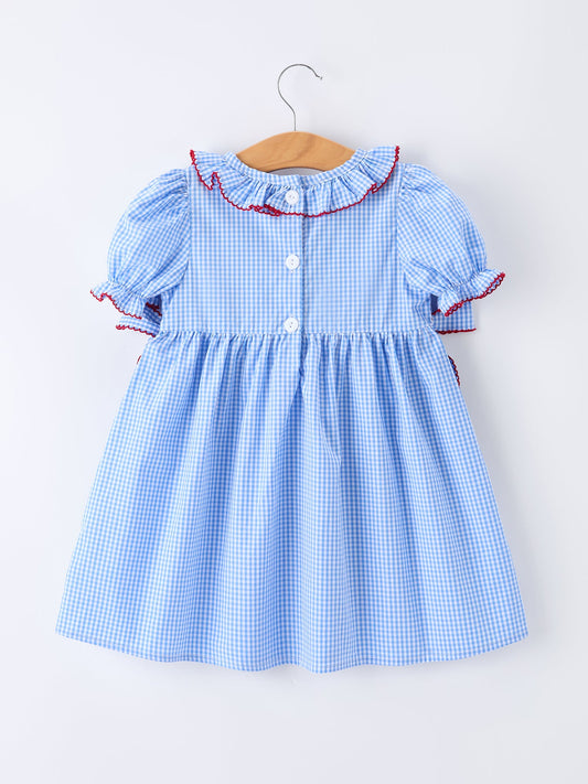Back To School Apple Plaid Girls Dress Smocked Puff Sleeve Bow