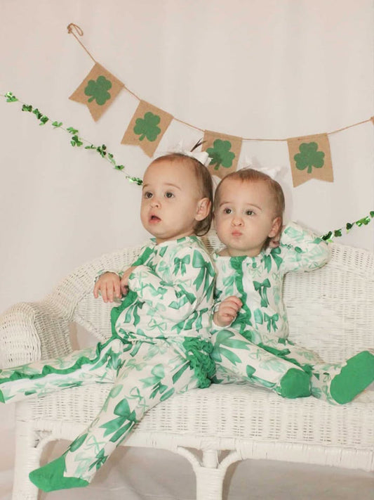 St. Patrick's Day Bow Print Long Sleeves Baby Girls Romper