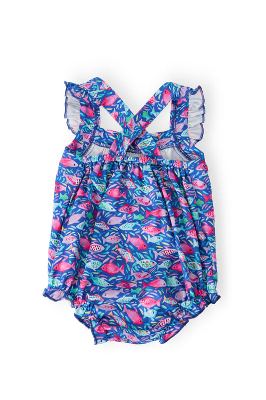 Fish in the Sea Ruffle Cross Back Romper