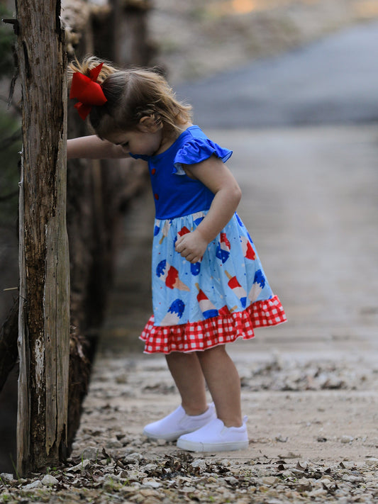 4th of july Ice Cream Print Plaid Girls Ruffle Dress