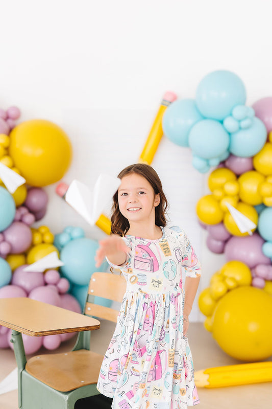 School is Cool 3/4 Sleeve Pocket Twirl Dress