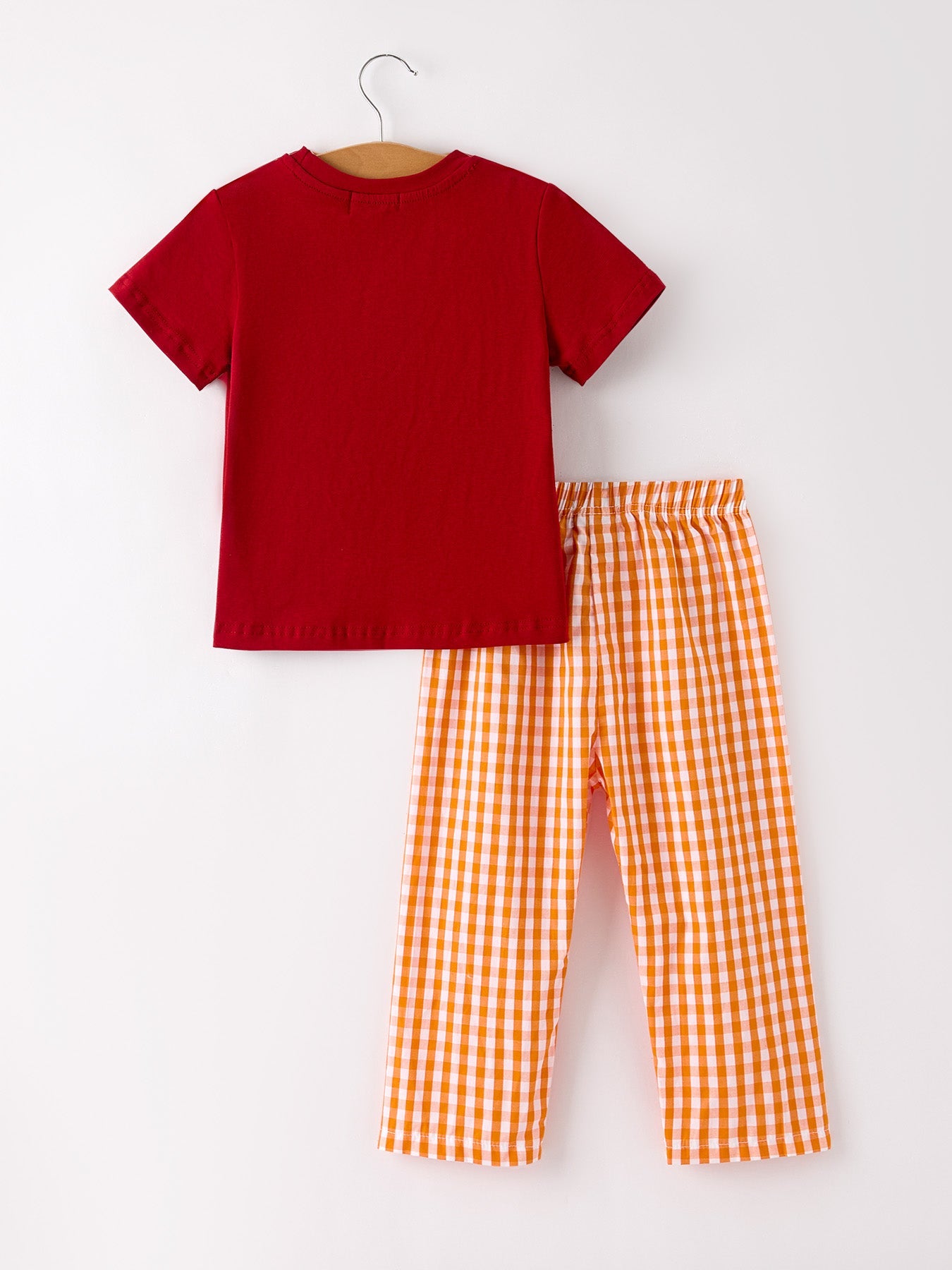 Fall Turkey Embroidered Boy Set – Orange Checkered with Halloween Details