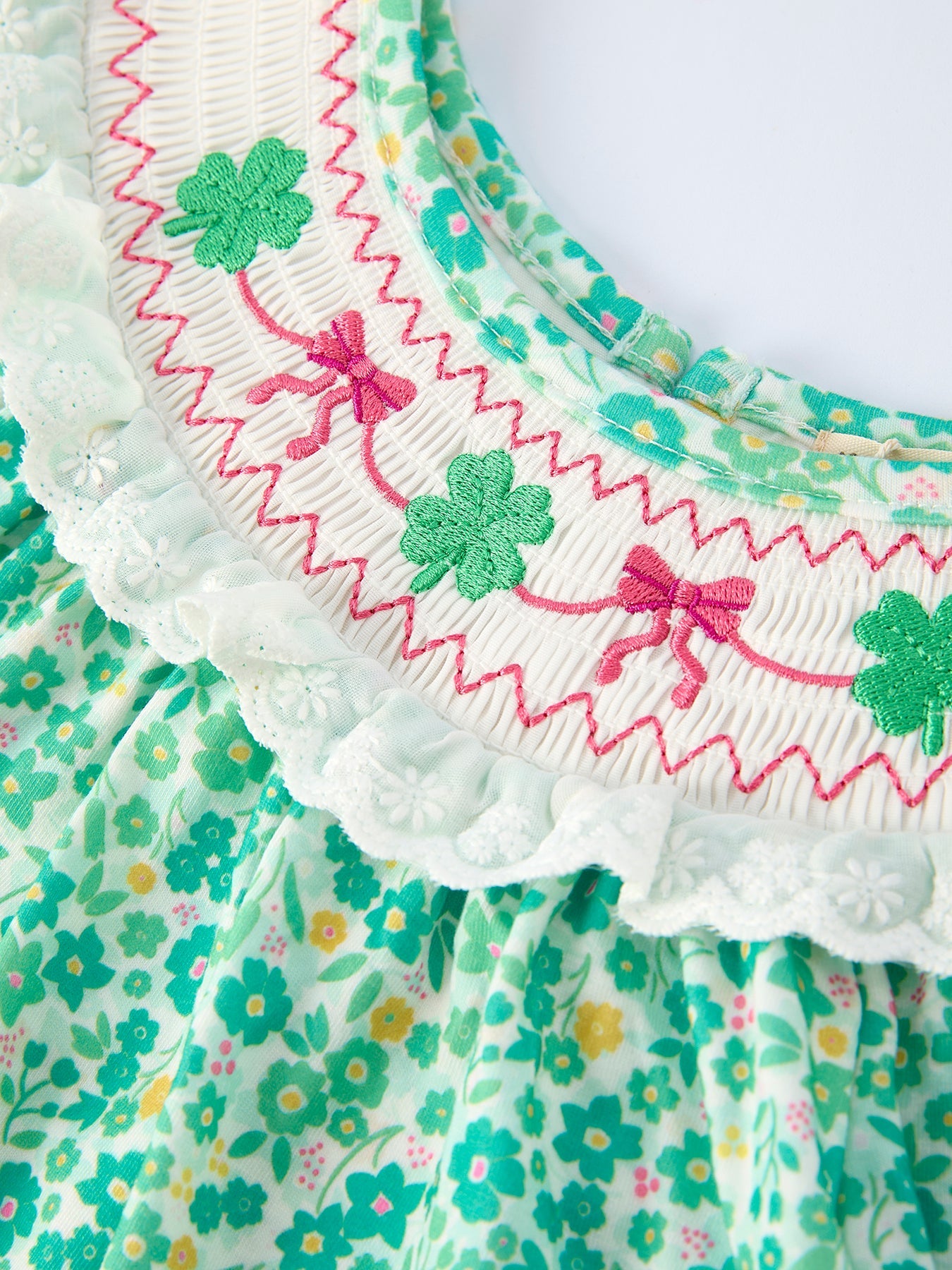 Girls St. Patrick’s Day Shamrock Bow Smocked Dress