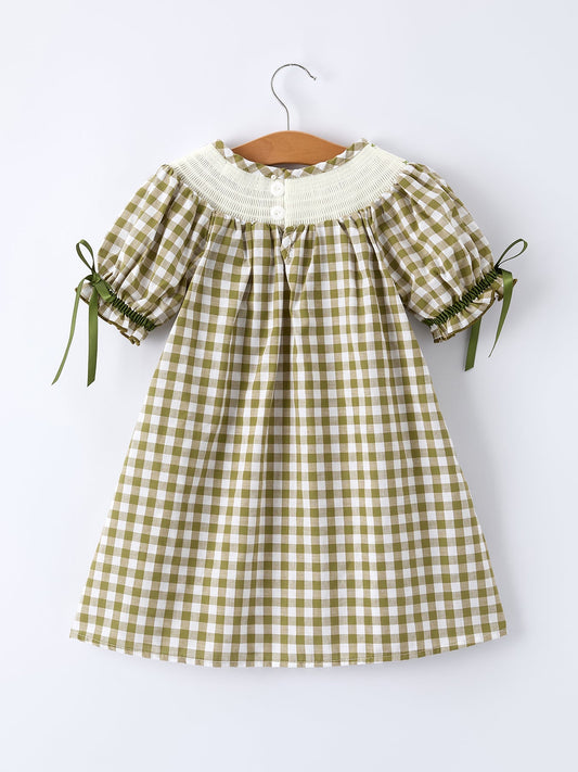 Green Plaid Fish Embroidered Baby Girls Smocked Dress