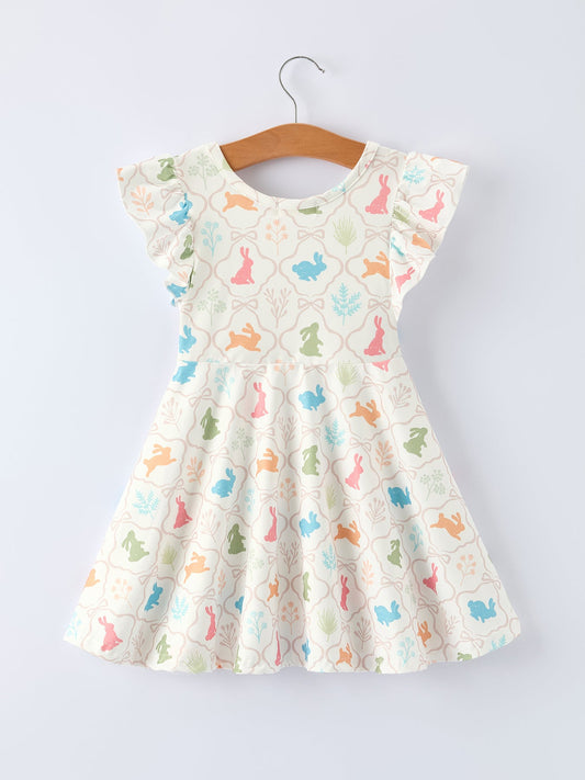Easter Bunny Print Girls Flutter Sleeve Dress