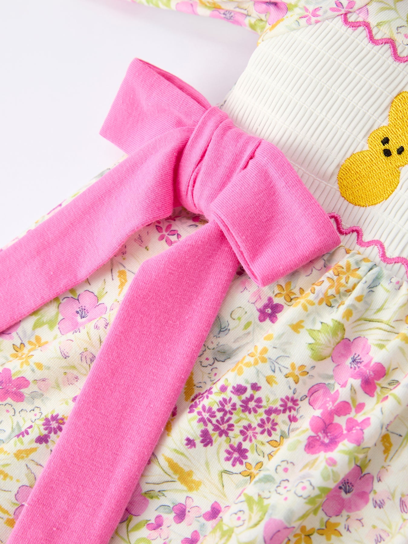Easter Pink Bunny Embroidered Floral Long-Sleeved Girls' Dress