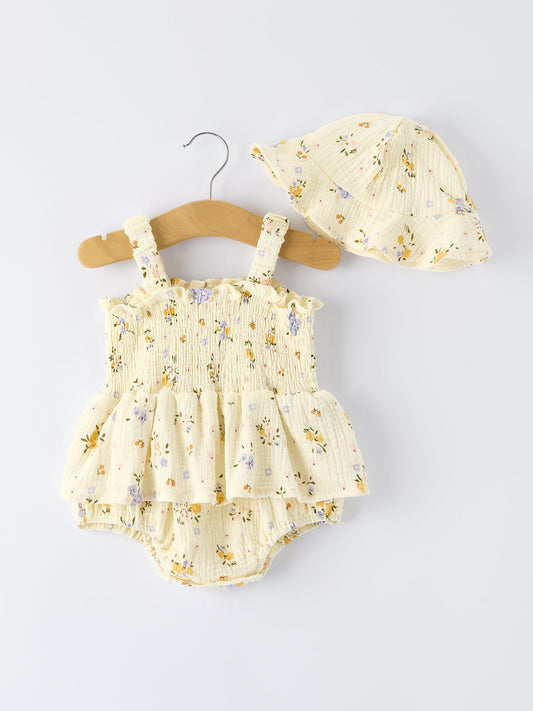 Muslin Floral Smocked Baby Romper with Matching Hat