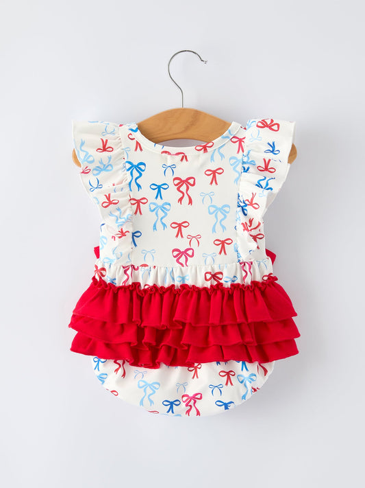 4th of july Bow Print Baby Girl Romper With Ruffle Details
