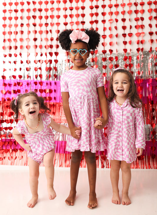 BUBBLEGUM WAVY CHECKERS DREAM RUFFLE DRESS