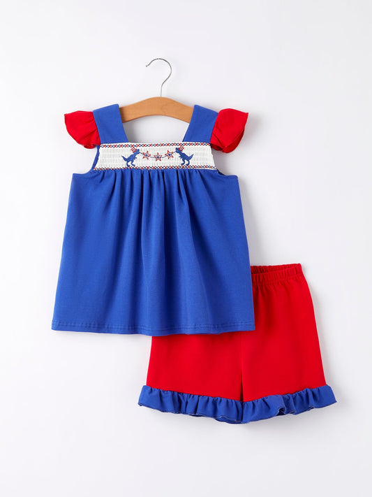 4th of july Girls Dinosaur Smock Embroidery Short Sleeved Shorts