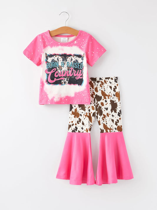 Western Cow Print Girl Set Flare Leggings Pink Top