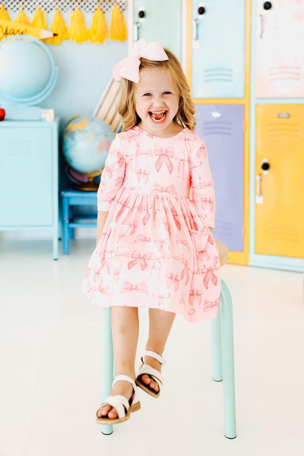 Blushing Bows 3/4 Sleeve Pocket Twirl Dress