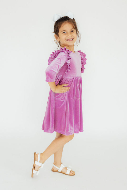 Carnation Pink Velvet Ruffle Twirl Dress