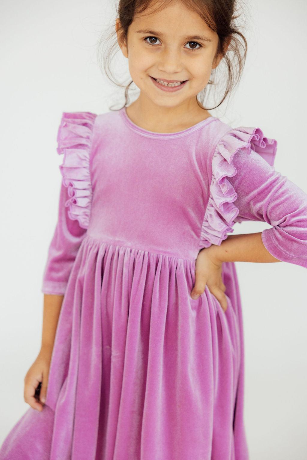 Carnation Pink Velvet Ruffle Twirl Dress