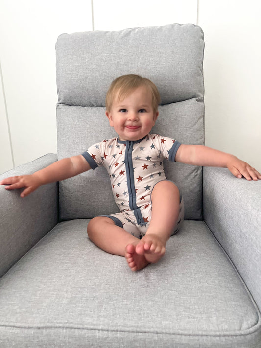 RED WHITE & BLUE STARS | SHORTIE ZIP ROMPER