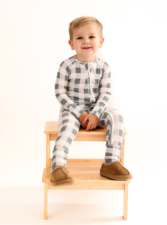 SLATE GINGHAM | ZIP ROMPER