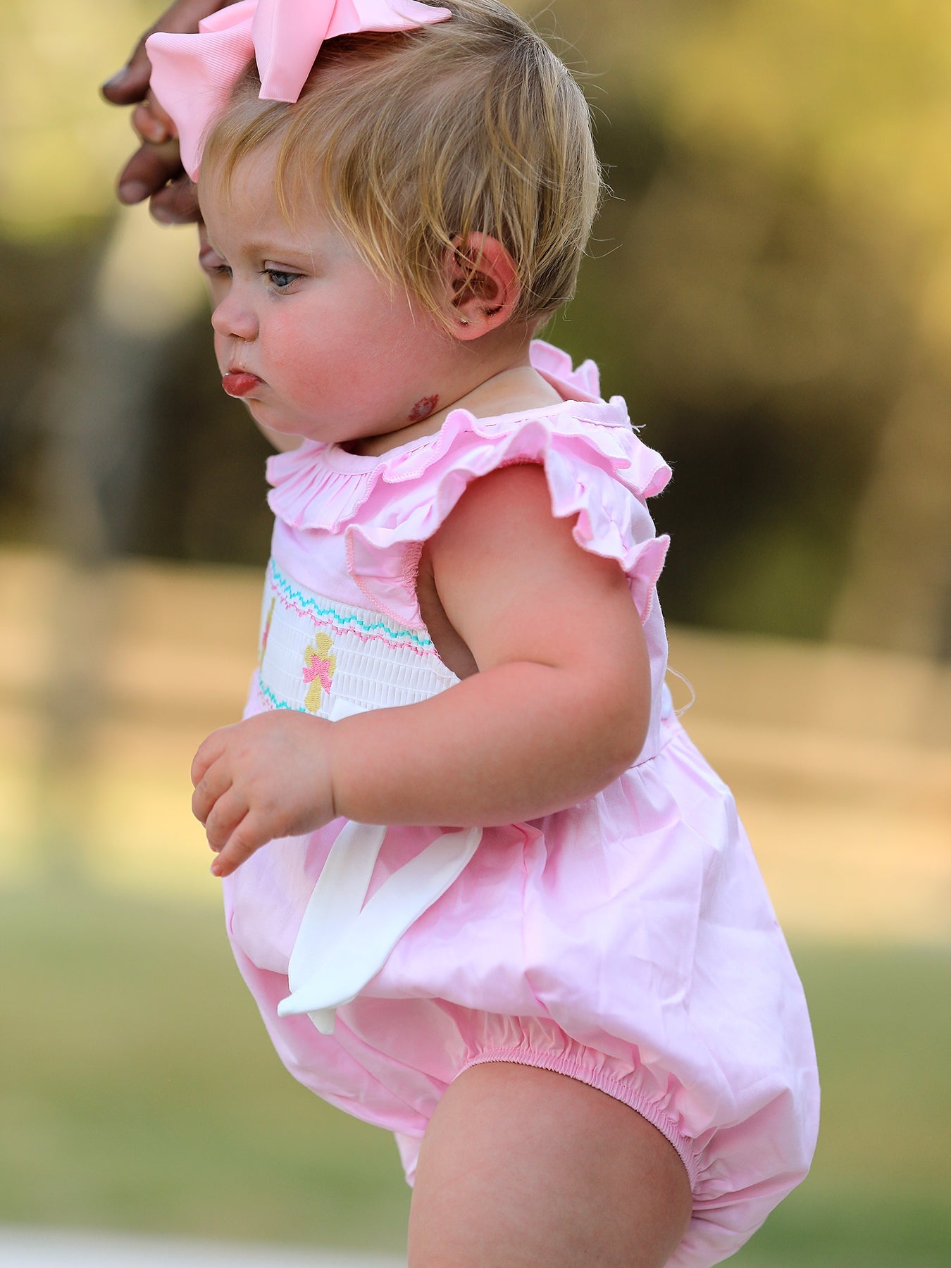 Pink Smocked Church Christ Bishop Christening Romper