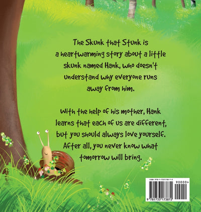Dive into the enchanting tale of The Skunk that Skunk, a heartwarming narrative that follows the adventures of a petite skunk named Hank. Convinced that he's the odd one out with no friends, Hank embarks on a transformative journey guided by his wise mother. Together, they unravel the magical truth that everyone possesses their own unique charm, and Hank is, indeed, perfect just as he is. This delightful story caters to the playful spirits of both boys and girls, captivating the imaginations of 3, 4, 5, 6 and 7-year-olds. This story has captivating illustrations, and is written in verse. It invites young readers to embrace the magic of self-discovery with Hank the Skunk. - Back Cover