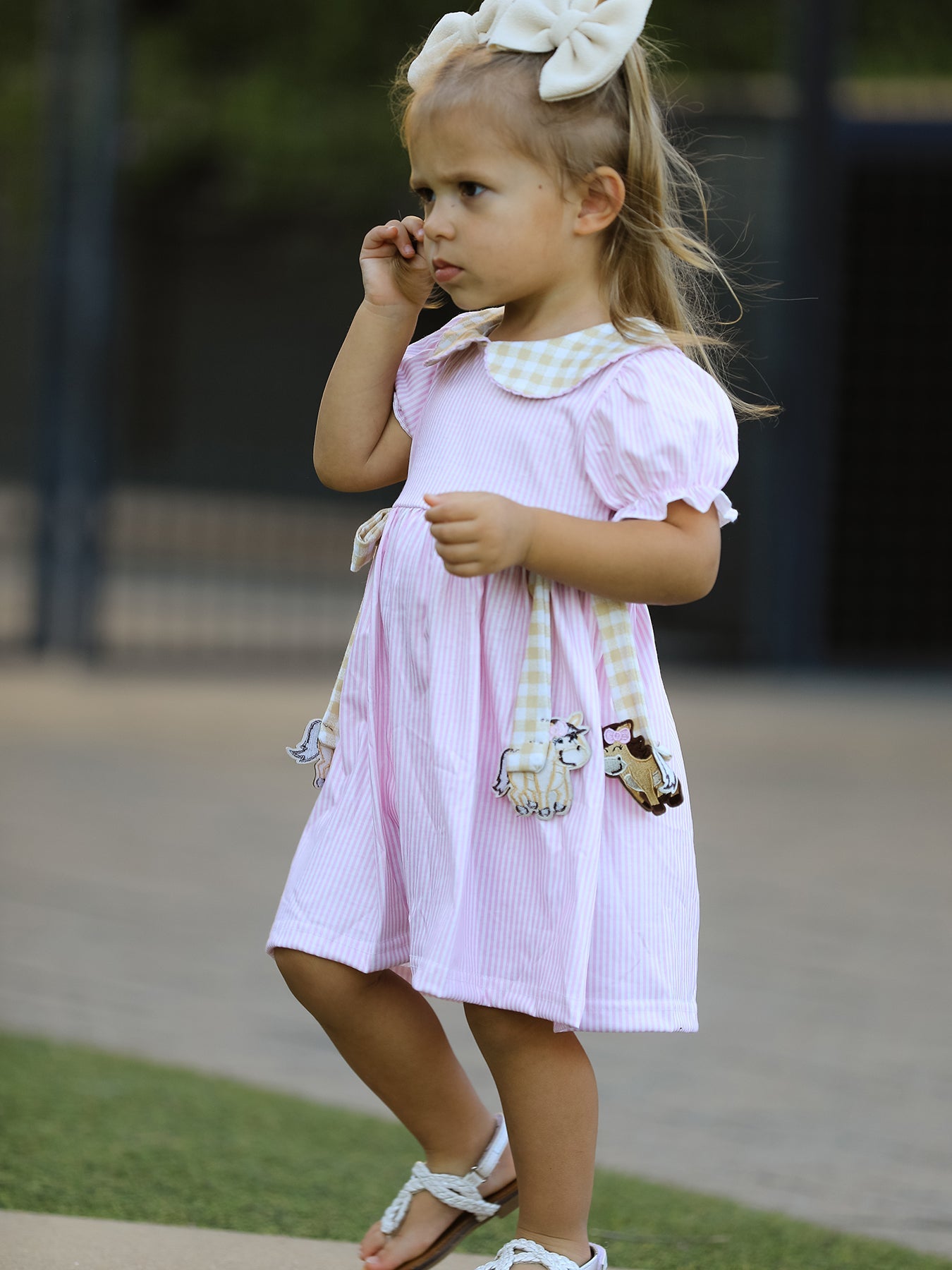Farm Horse Bow Girls Dress – Pink Stripes