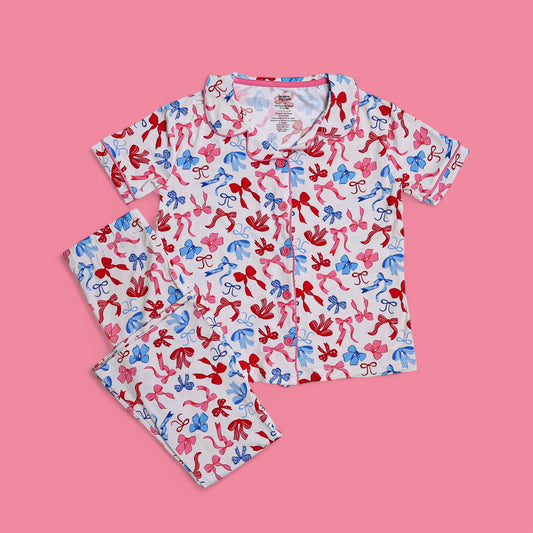 RED, WHITE AND BOWS DREAM GIRL'S SHORT SLEEVE FLARE SET