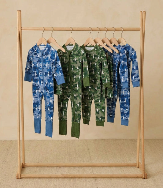 Bamboo Zip Romper | Green Camo Bolts