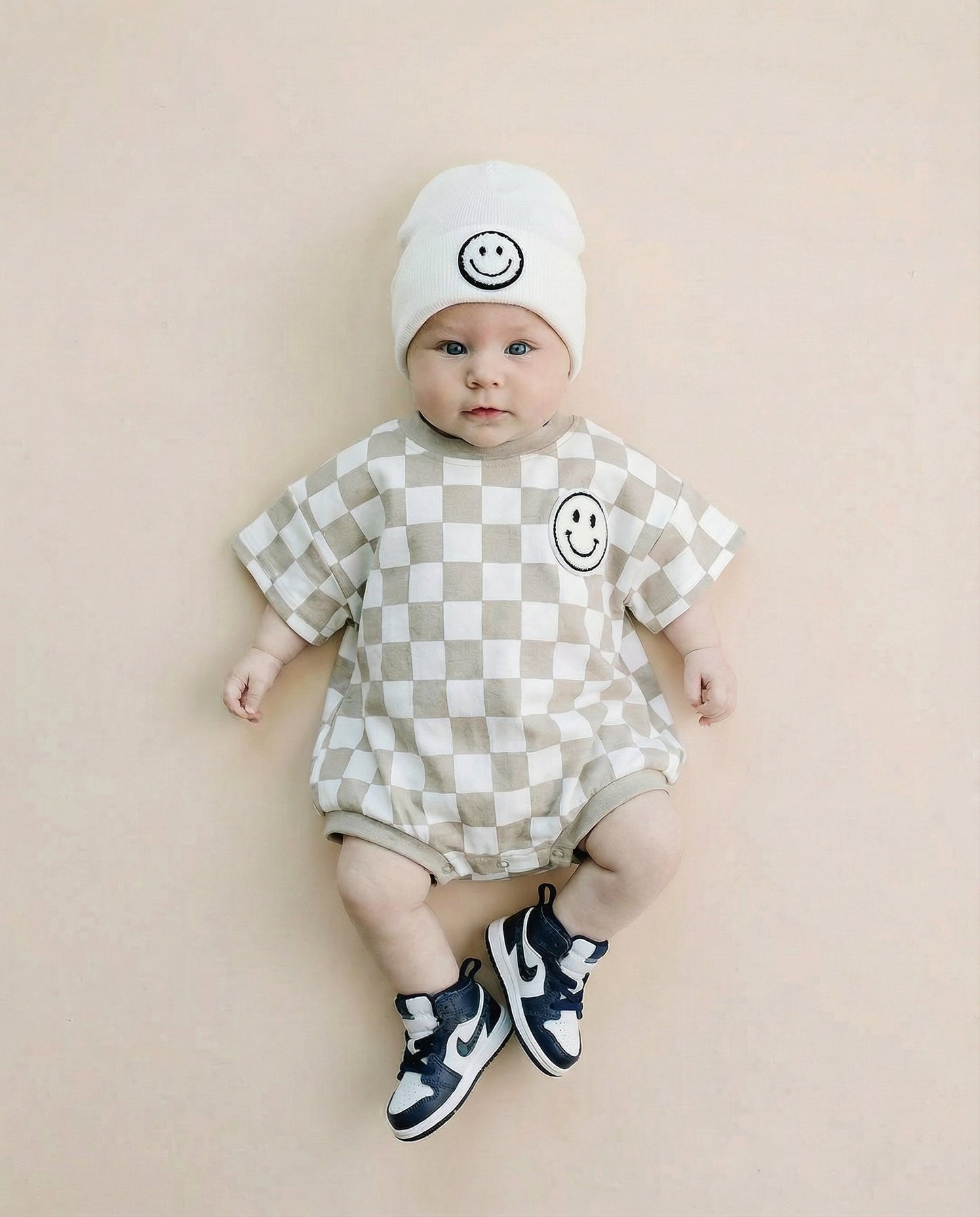 Short Sleeve Bubble Romper | Checkered Smiley Latte