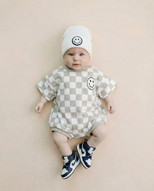 Short Sleeve Bubble Romper | Checkered Smiley Latte