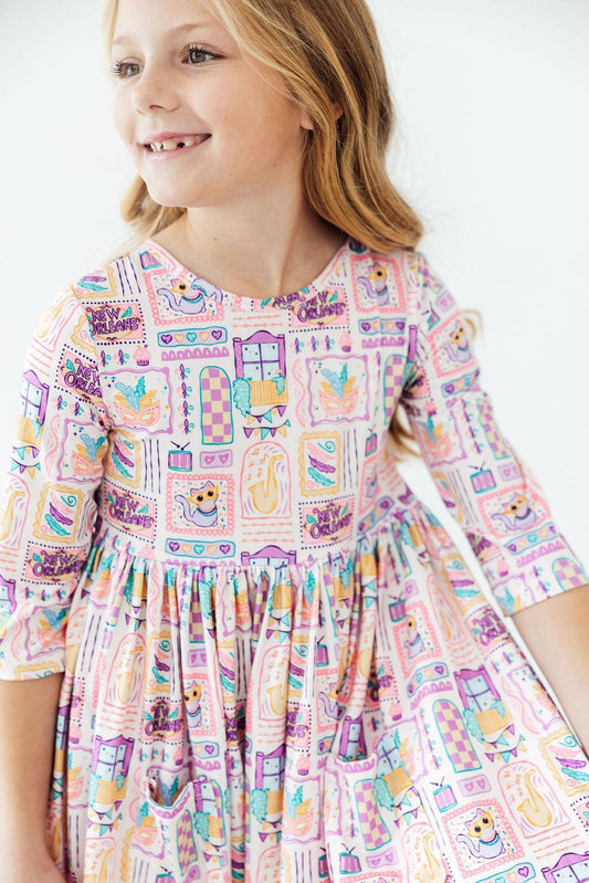 French Quarter Fun 3/4 Sleeve Pocket Twirl Dress
